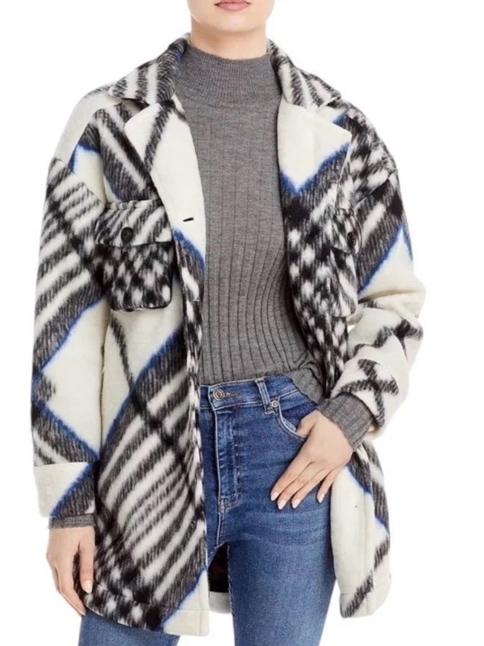 Anine Bing Oakley Shacket Plaid Pattern Textured Fabric Black/White/Blue Small